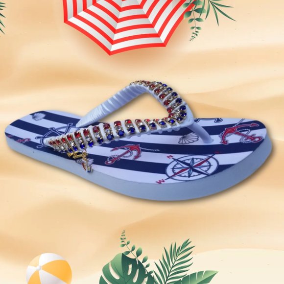 Women's Luxury nautical flip flops, with crystals and rhinestones, all occasions - Picture 12 of 17